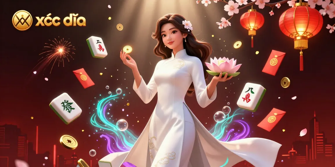 The dynamic scene showcases xóc đĩa gameplay, featuring an elegant Asian woman with gold coins and cherry blossoms amidst colorful casino decorations.
