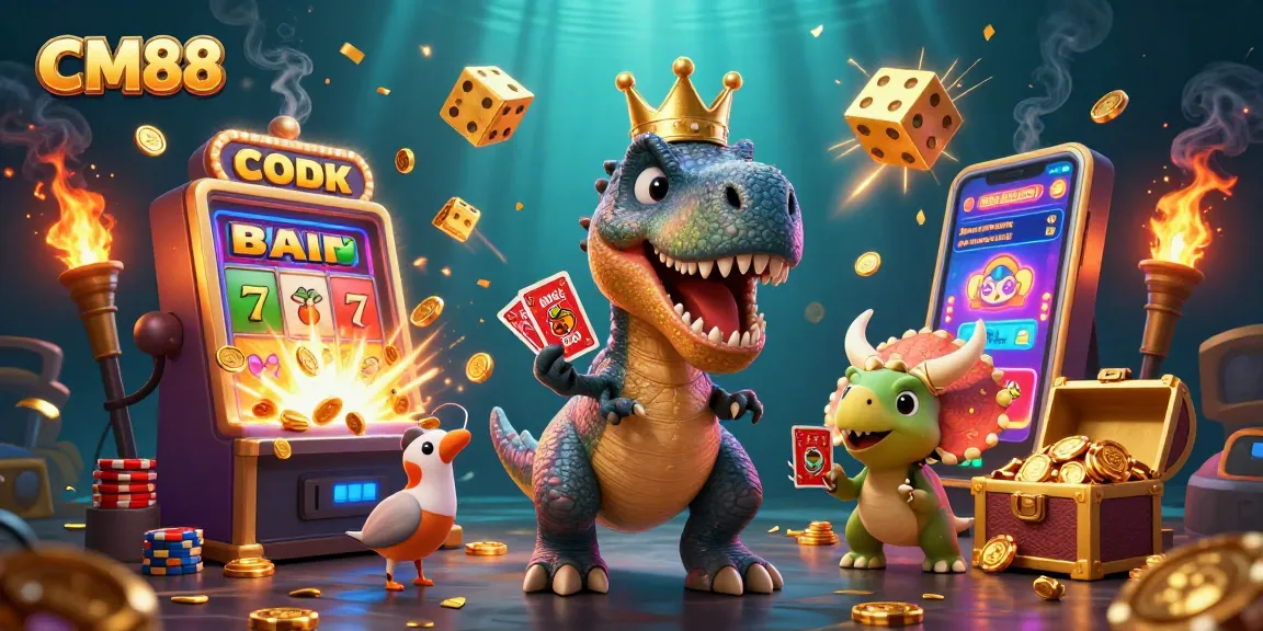 Experience high-energy casino action with CM88 in a vibrant 3D illustration featuring card games and slot machines.