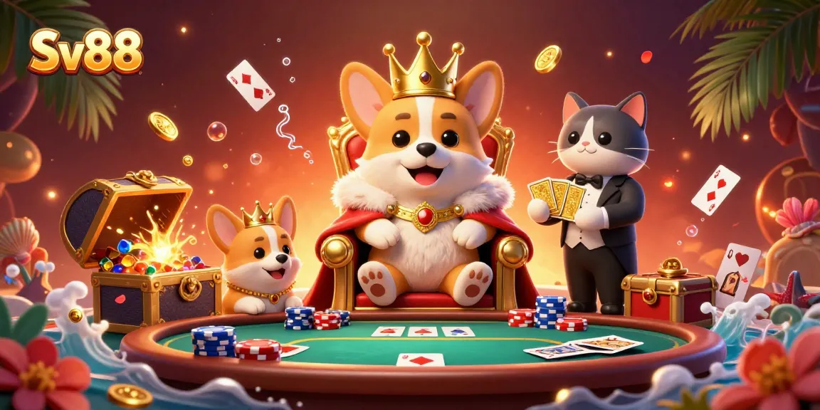 Sv88 showcases a vibrant casino scene with royal corgi royalty, dynamic poker elements, and oceanic treasures.
