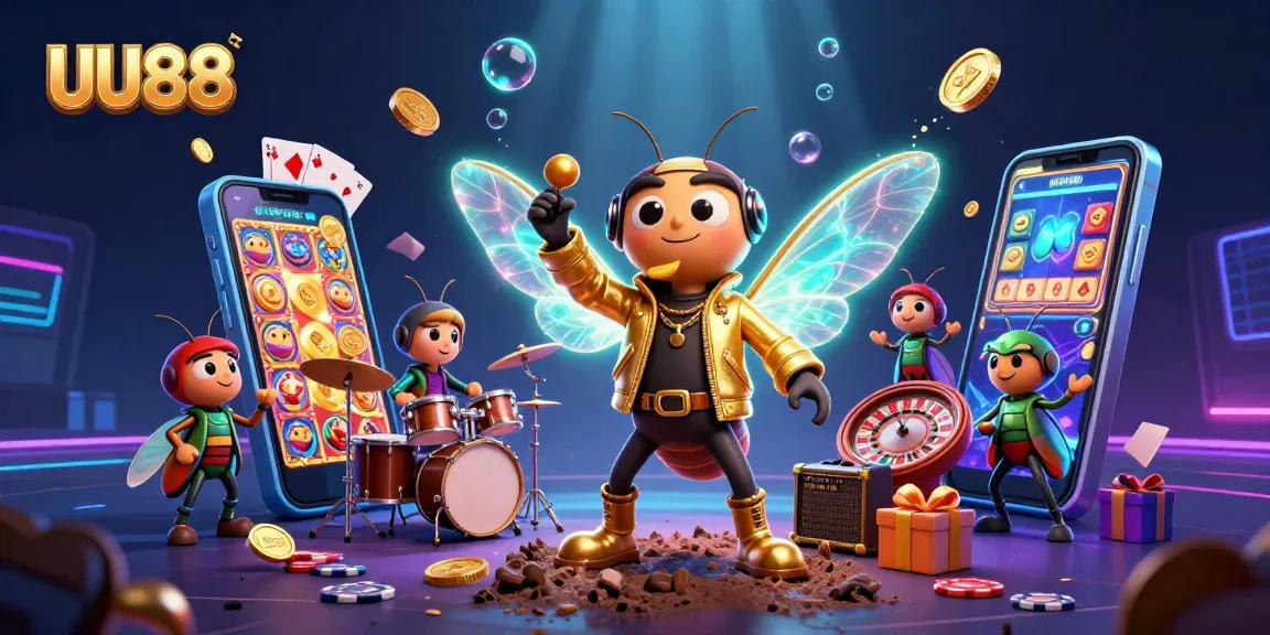 Engaging UU88 casino scene with a rock star cicada, drummer beetle, and vibrant gaming elements.