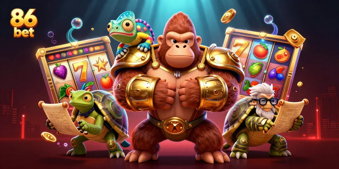 Experience thrilling wins at 86 bet with a powerful gorilla king and treasure elements in this vibrant casino scene.