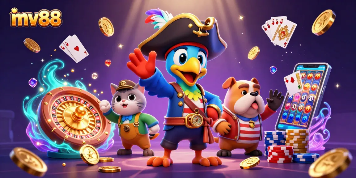 Spin to win with mv88 in this vibrant 3D casino scene filled with golden coins and roulette.
