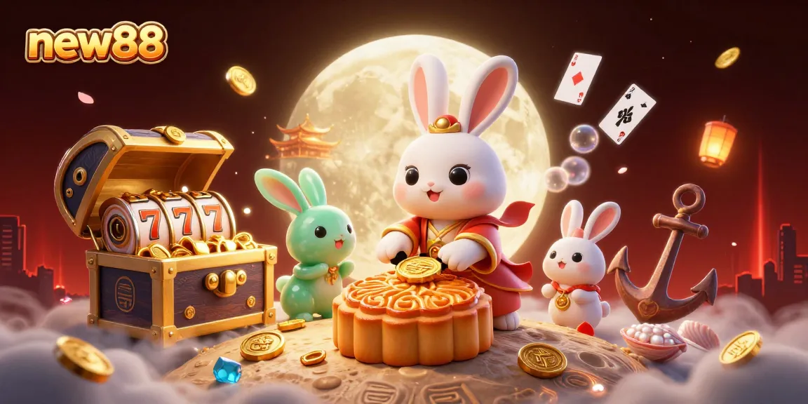 New88 showcases a vibrant 3D rabbit scene with poker chips and slot game elements in a captivating casino environment.