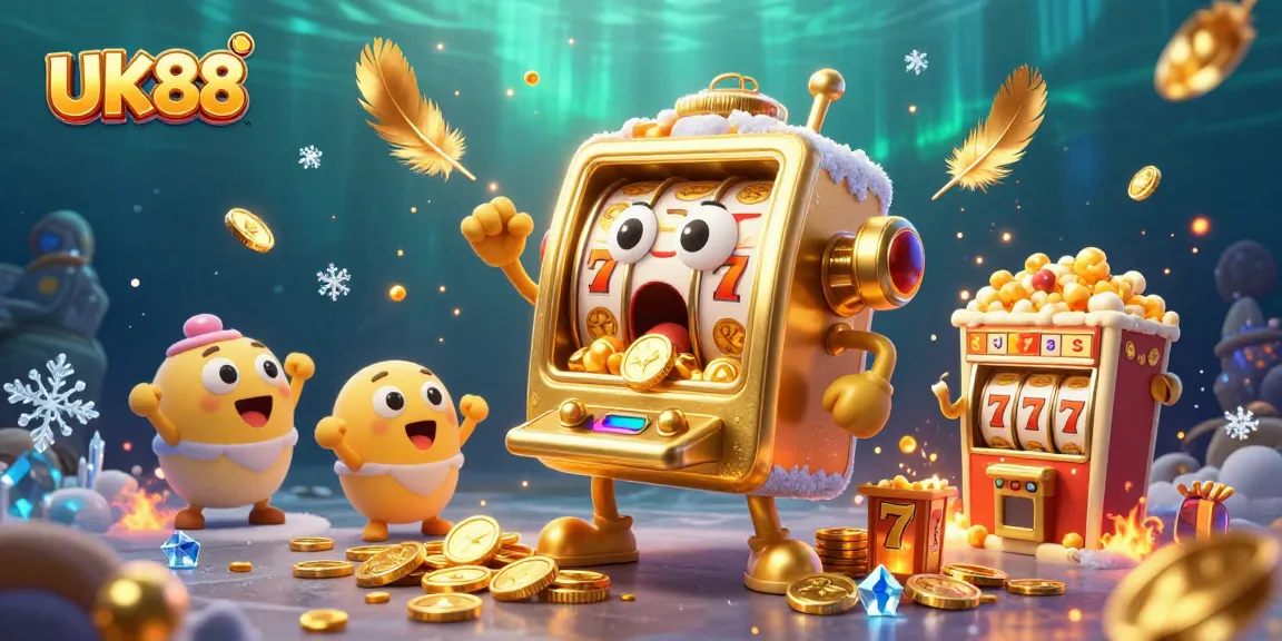 Celebrate winnings with UK88 as the golden slot machine pours out coins in a dramatic casino scene.