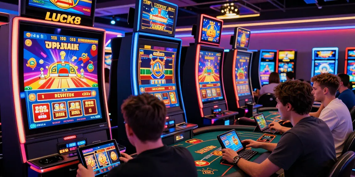 LUCK8 online gaming experience with players enjoying vibrant casino games on tablets and smartphones in a lively environment.