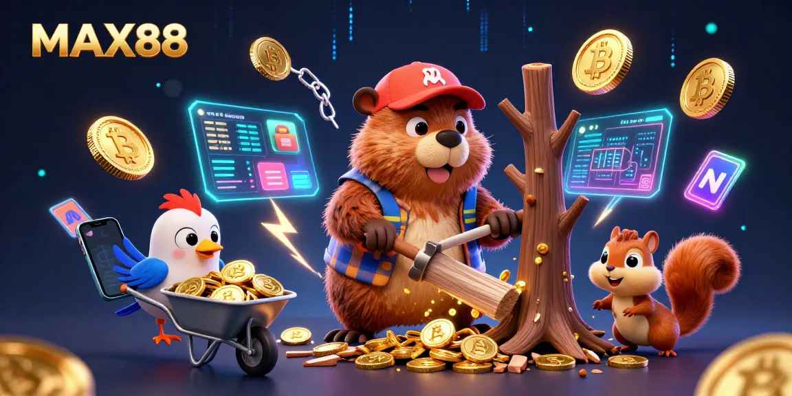 Experience MAX88 with vibrant casino elements and characters in a dynamic 3D illustration.