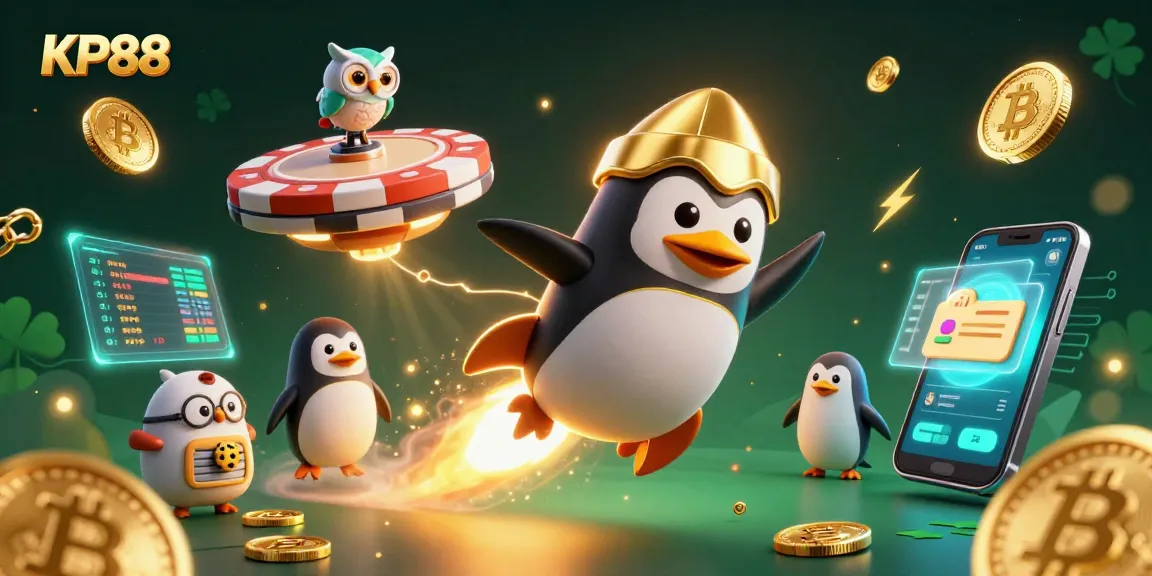 Spin to win with KP88's vibrant 3D casino scene filled with golden coins and crypto elements.