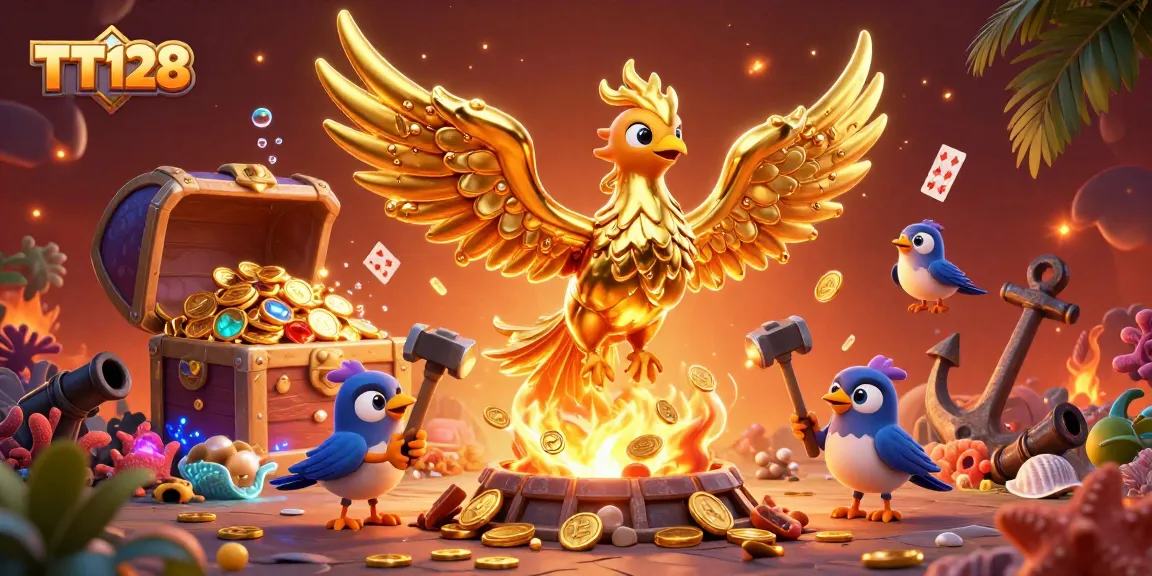 Experience TT128's thrilling phoenix-themed game scene with golden coins and vibrant gaming elements.