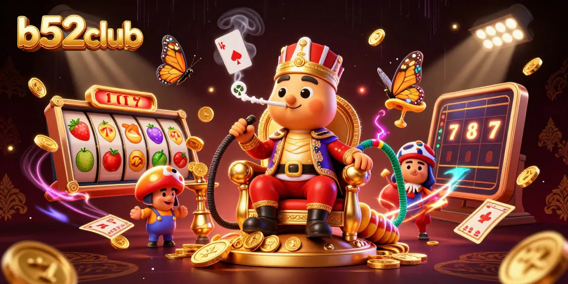 B52club showcases slot games dynamically in an exciting 3D casino illustration with vibrant elements.