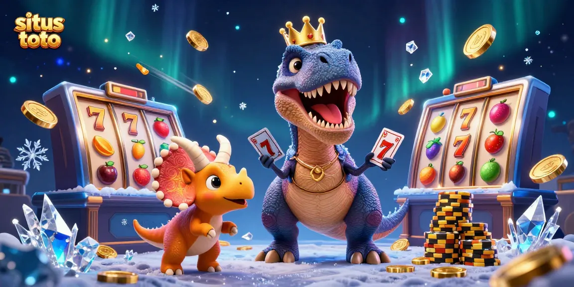 Situs toto showcases a T-Rex and pterodactyl enjoying a colorful slot machine experience.