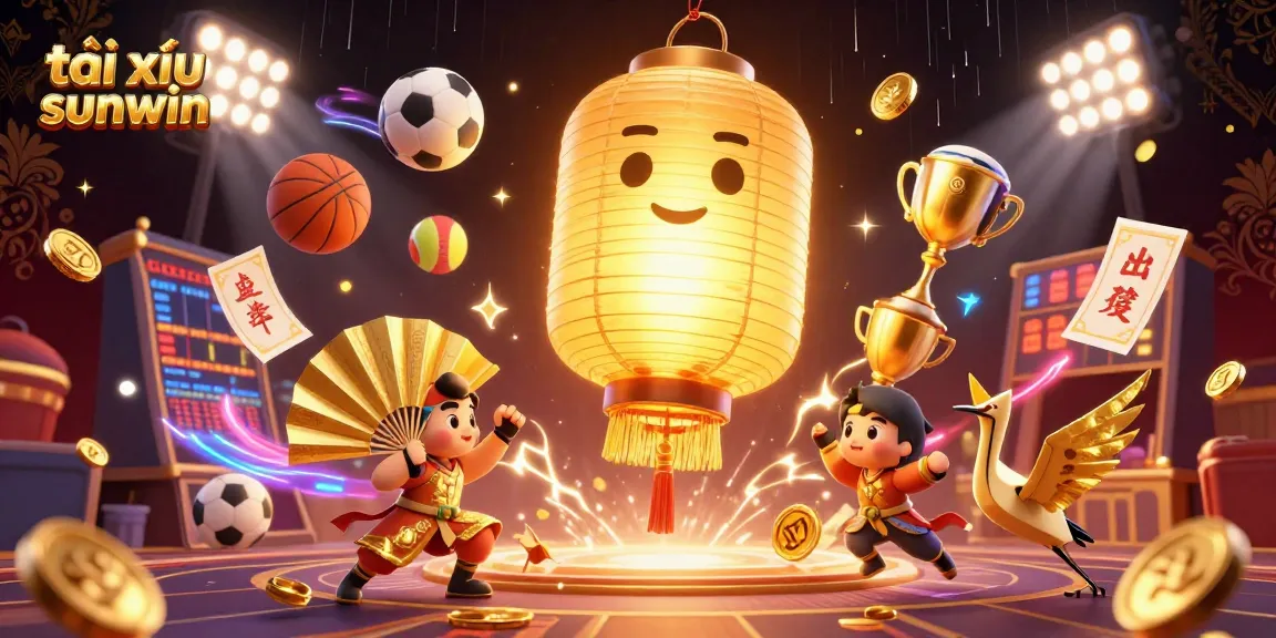 Tài xỉu sunwin game scene showcasing a giant golden lantern spirit and sports balls amidst a lively casino backdrop.
