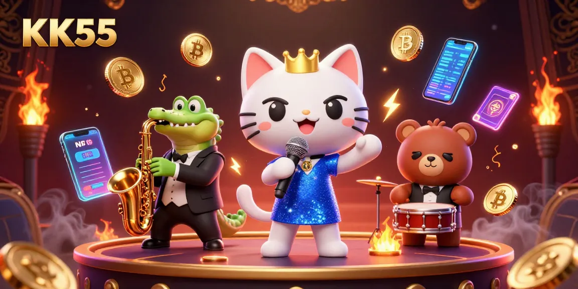 Win big with KK55 in a vibrant casino scene featuring engaging characters and crypto elements.