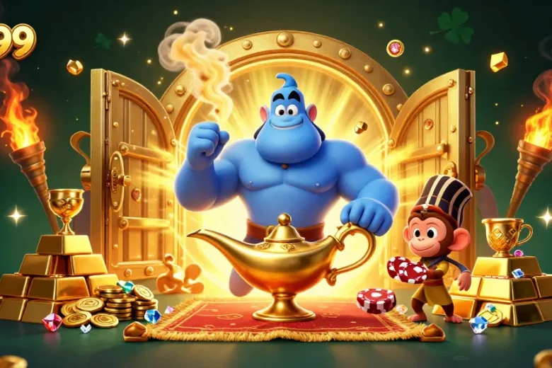 Engage in thrilling online gambling at me99 with a vibrant animated casino scene full of treasures.