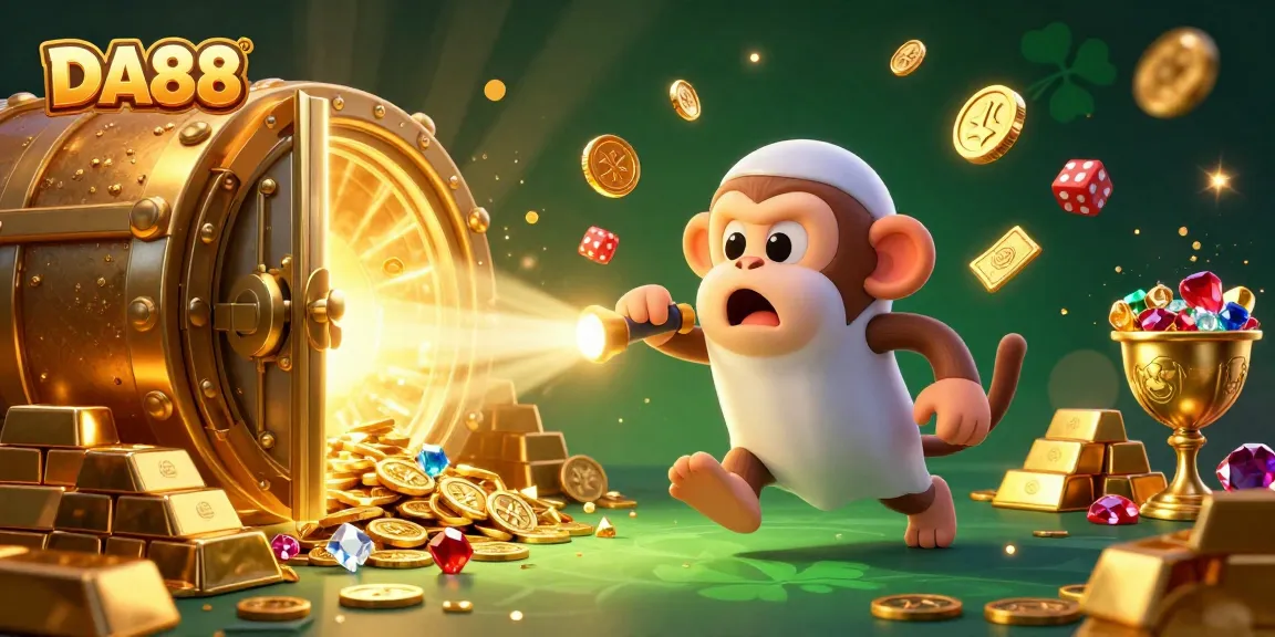 Experience thrilling moments with the DA88 poltergeist monkey juggling coins in a bustling casino scene.