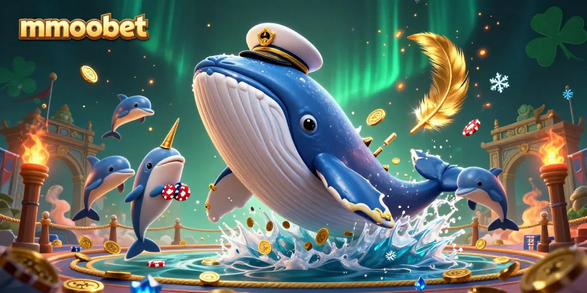 Experience thrilling wins at mmoobet with a dynamic 3D casino scene showcasing a whale captain and playful dolphins.