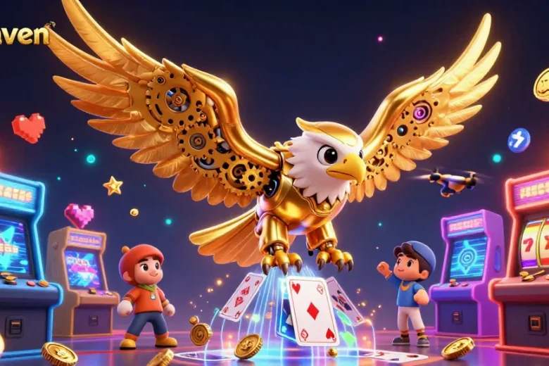 Milhaven's casino experience features a golden eagle diving among holographic cards and vibrant gaming elements.