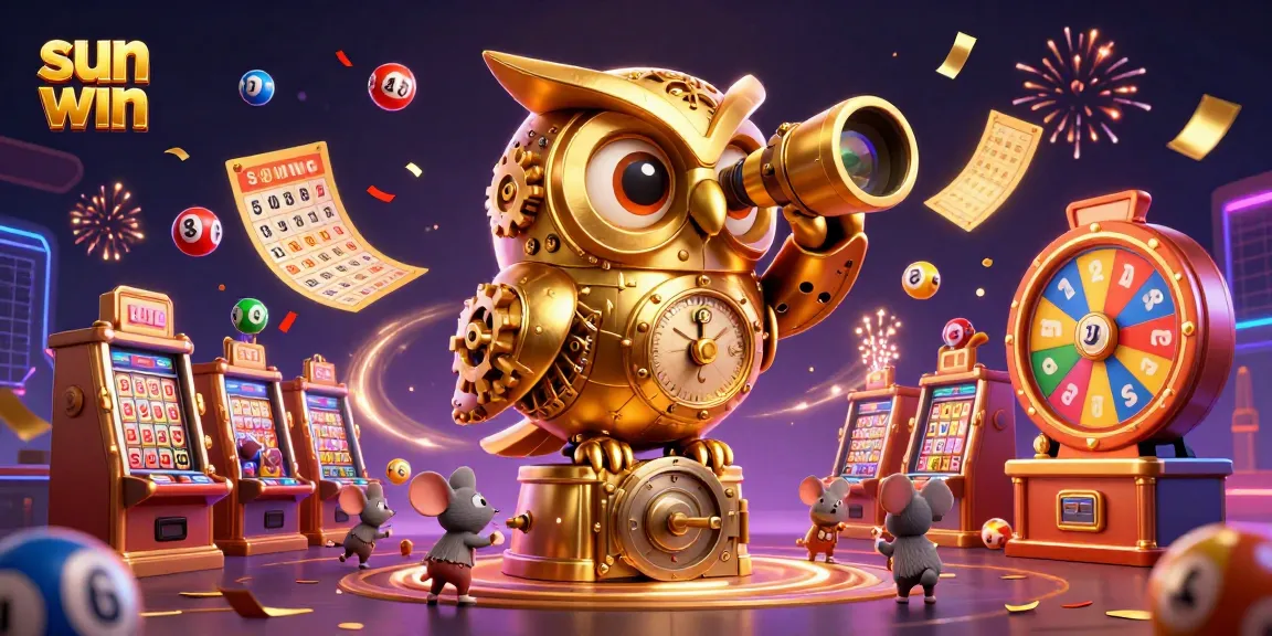 Experience thrilling gaming action with sun win featuring a golden owl and vibrant lottery elements in a dynamic casino scene.