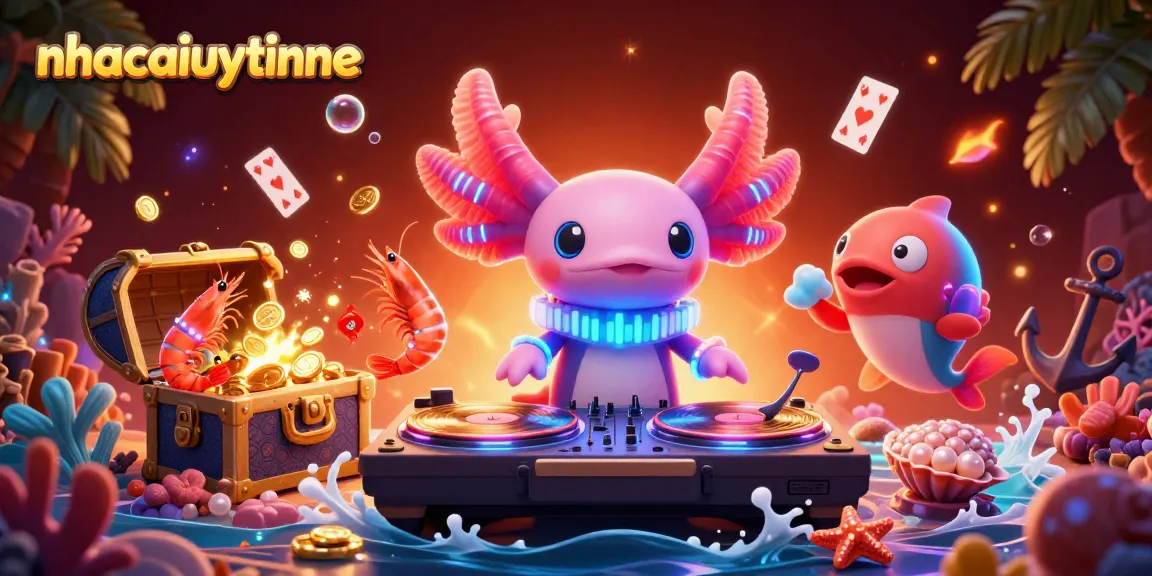 nhacaiuytinne showcases a vibrant casino scene with a DJ axolotl, dancing shrimp, and treasure