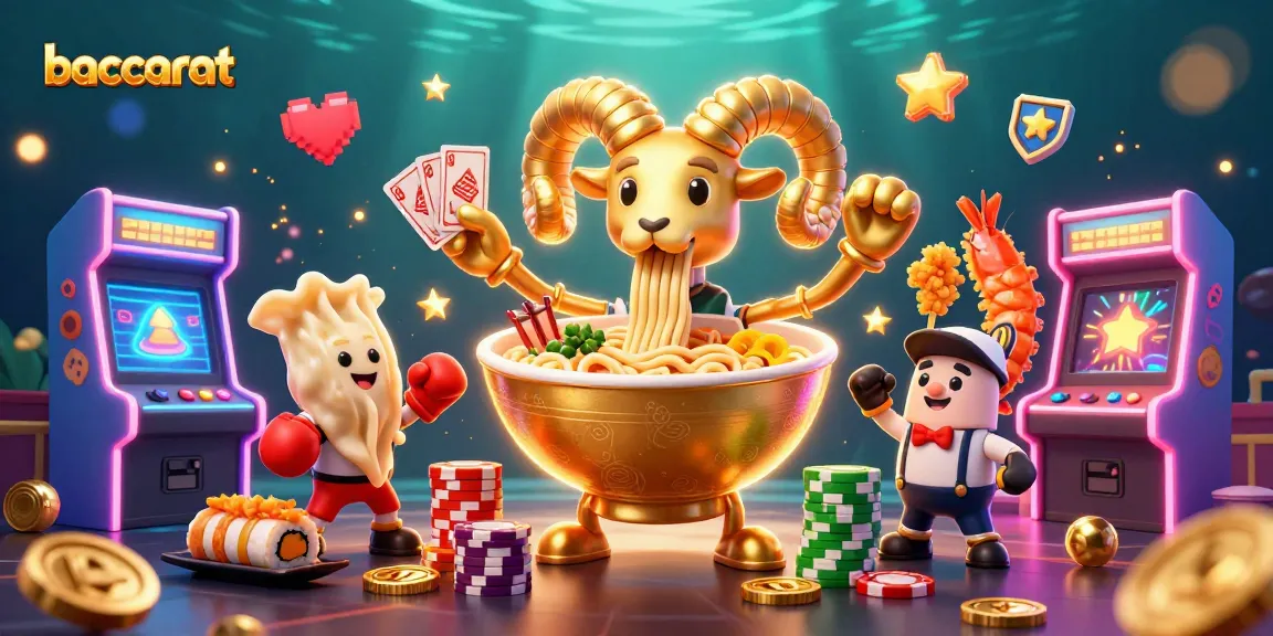 Baccarat game scene featuring a golden ramen bowl dealer, gyoza sidekick, and dynamic gaming elements.
