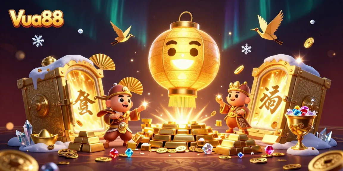 Win big at Vua88 with a vibrant casino illustration featuring golden treasures and lucky symbols.