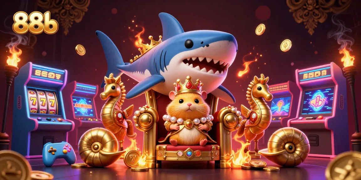 Experience excitement at 88b with a golden hamster king amid vibrant casino elements.