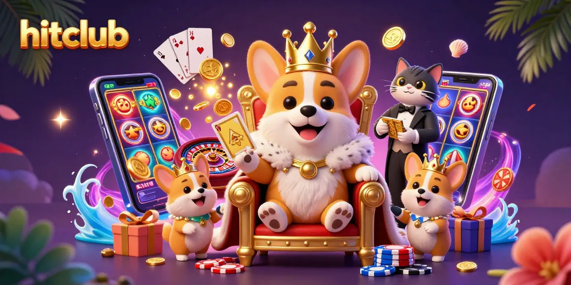 Hitclub showcases a royal corgi reigning on poker chips, surrounded by dynamic gaming elements.
