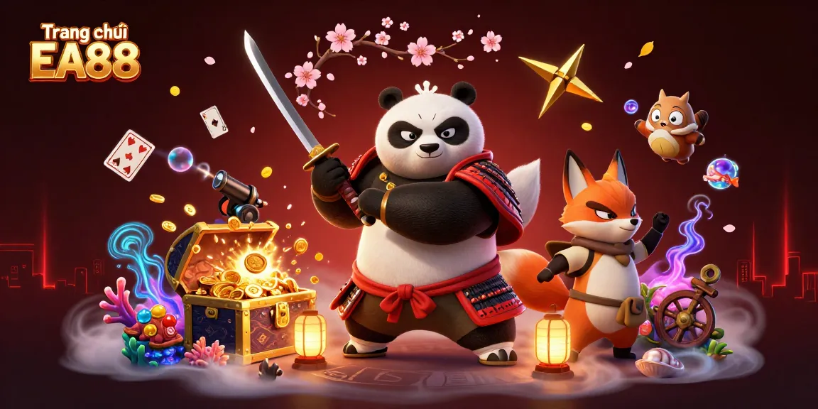 The dynamic 3D scene depicting Trang chủ EA88 with a samurai panda, ninja fox, and magical tanuki surrounded by casino elements.