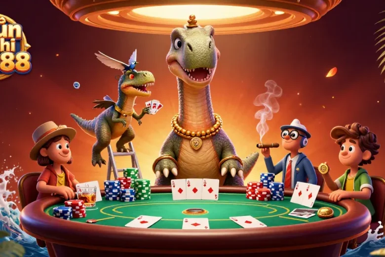 Engage with khuyến mãi five88 at a dynamic casino scene featuring a dinosaur and poker table.
