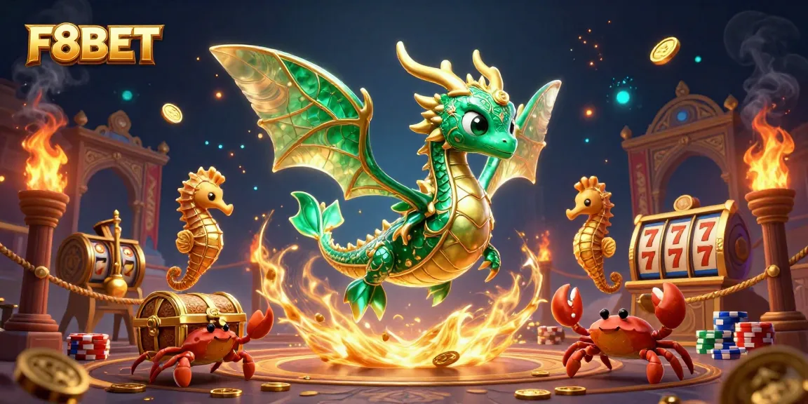 Engage in thrilling gameplay with F8BET’s vibrant casino dragon illustration showcasing slots and treasures.
