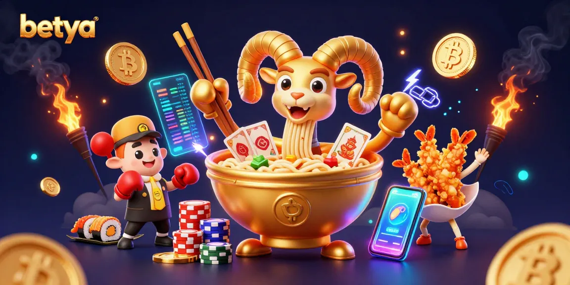 Engaging betya casino scene with a golden ramen bowl dealer and crypto elements, creating excitement.