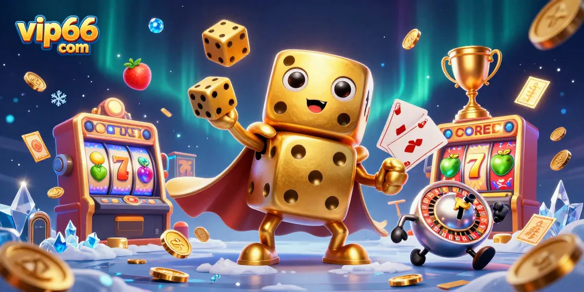 Engage in exciting gameplay with vip66 com, featuring dynamic golden dice and slot symbols amidst a rich casino atmosphere.