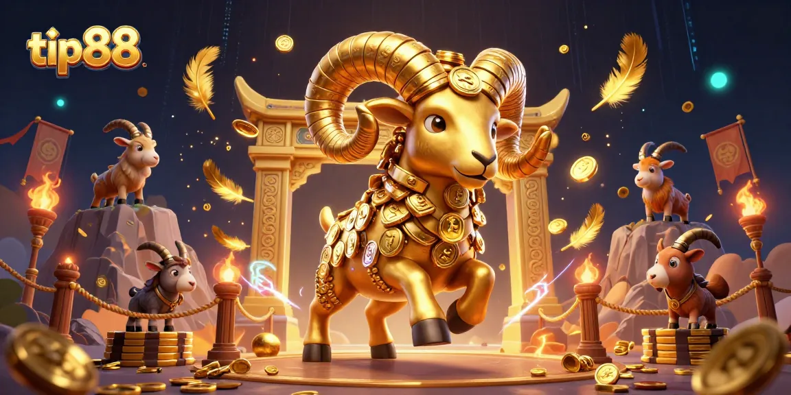 Engage with tip88's thrilling betting experience featuring a colossal golden ram charging through a vibrant casino.
