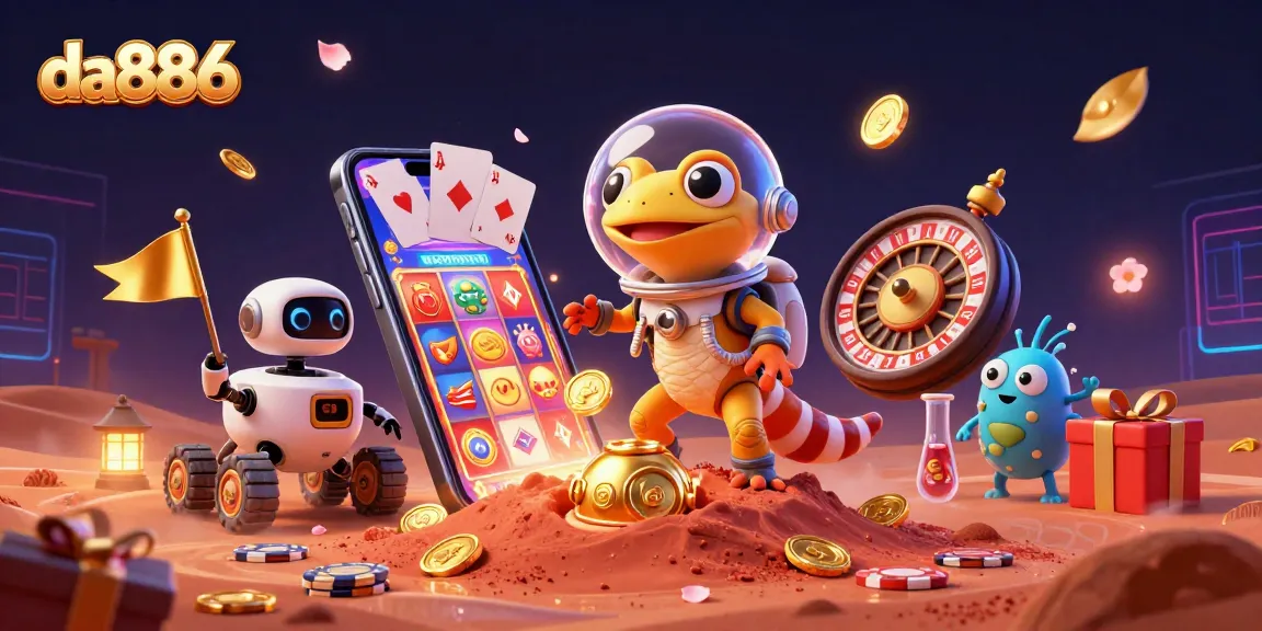 Experience da886's thrilling casino adventure with a Martian gecko discovering treasures.