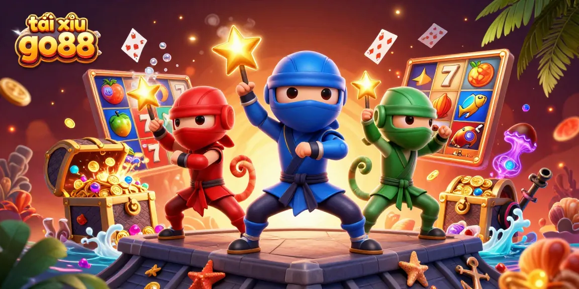 Immerse in tài xỉu go88 with chameleon ninjas and exciting slot game elements in a vibrant 3D scene.
