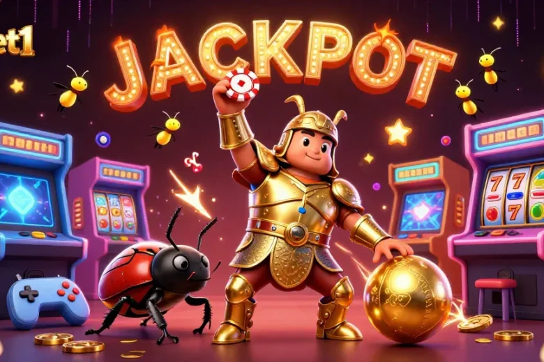 Celebrate JACKPOT wins with debet1 in this casino-themed illustration featuring gaming elements.
