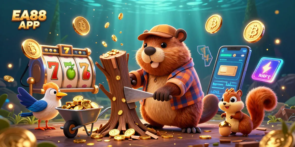 Play and win with EA88 APP in a vibrant casino scene featuring a beaver, bird, and squirrel collecting coins.