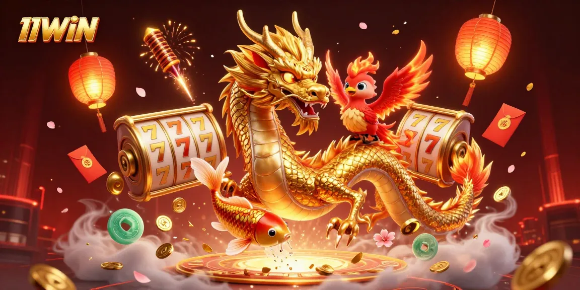 Experience the thrill of 11WIN with a dynamic casino scene featuring a golden dragon and vibrant elements.