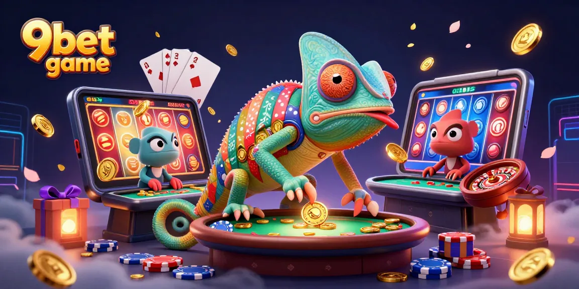 Play the exciting 9bet game with a colorful chameleon casino owner in a lively 3D scene filled with rich casino elements.