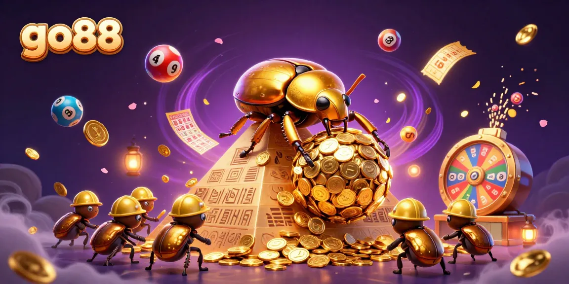 Join the excitement at go88 with a massive golden beetle rolling coins in a vibrant casino backdrop.