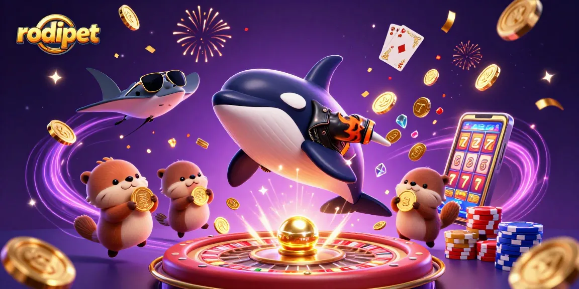Experience the thrill of rodipet gaming with a lively orca and otters amidst cascading coins and roulette!
