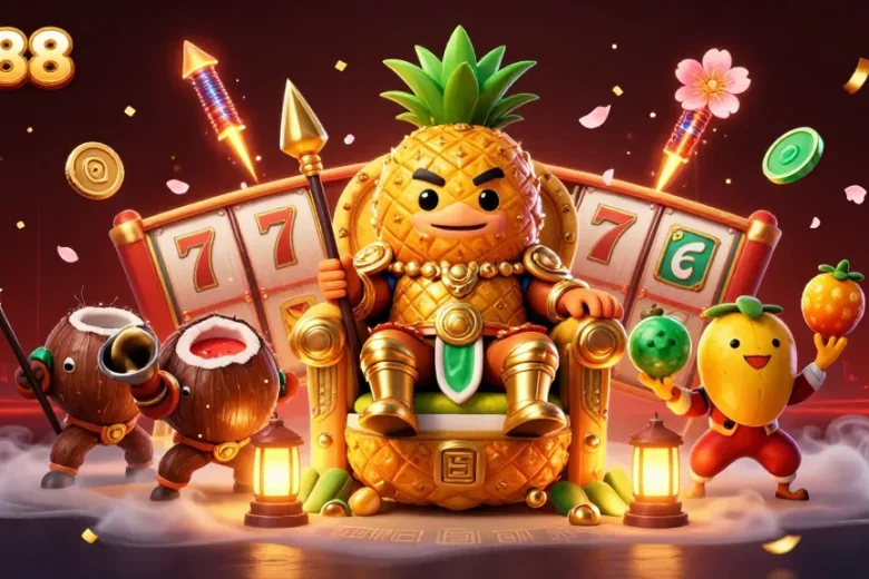 SX88 showcases a vibrant online casino experience with a golden pineapple king and dynamic slot elements.
