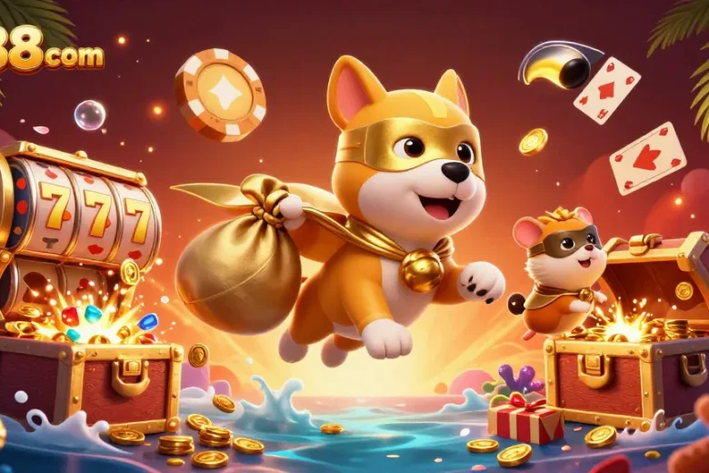 The superhero dog and hamster showcasing uk88 com in a vibrant casino scene with dynamic game elements.