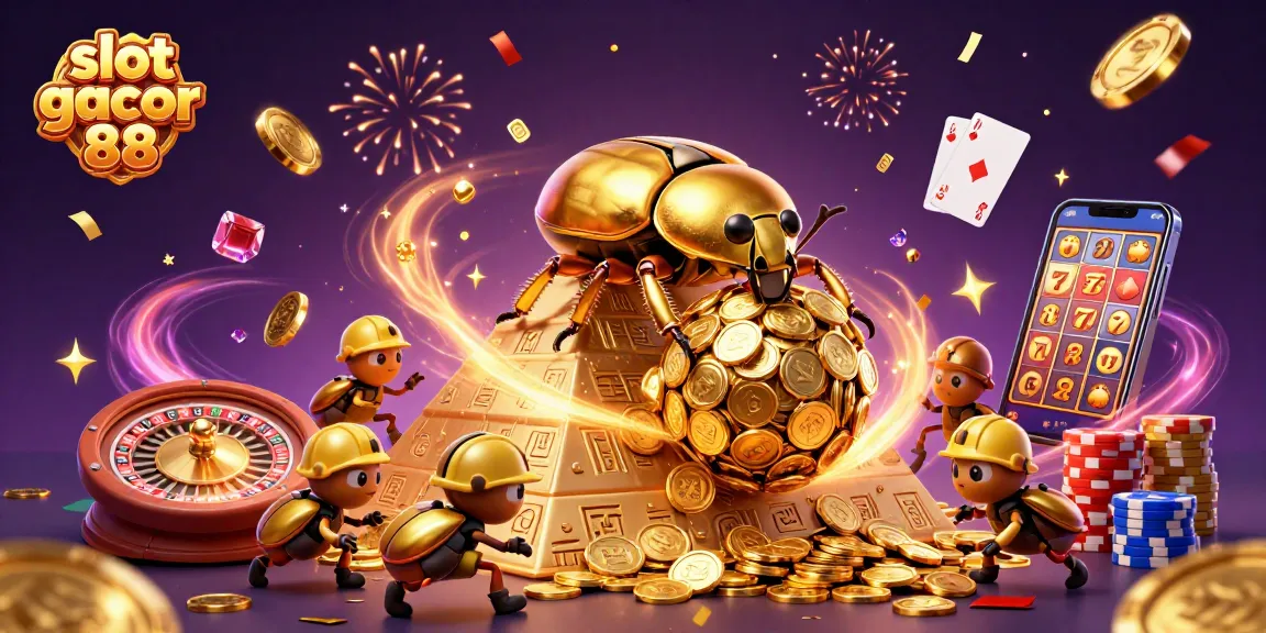 Experience the thrill of slot gacor 88 as golden coins cascade around a cartoon beetle rolling jackpots.