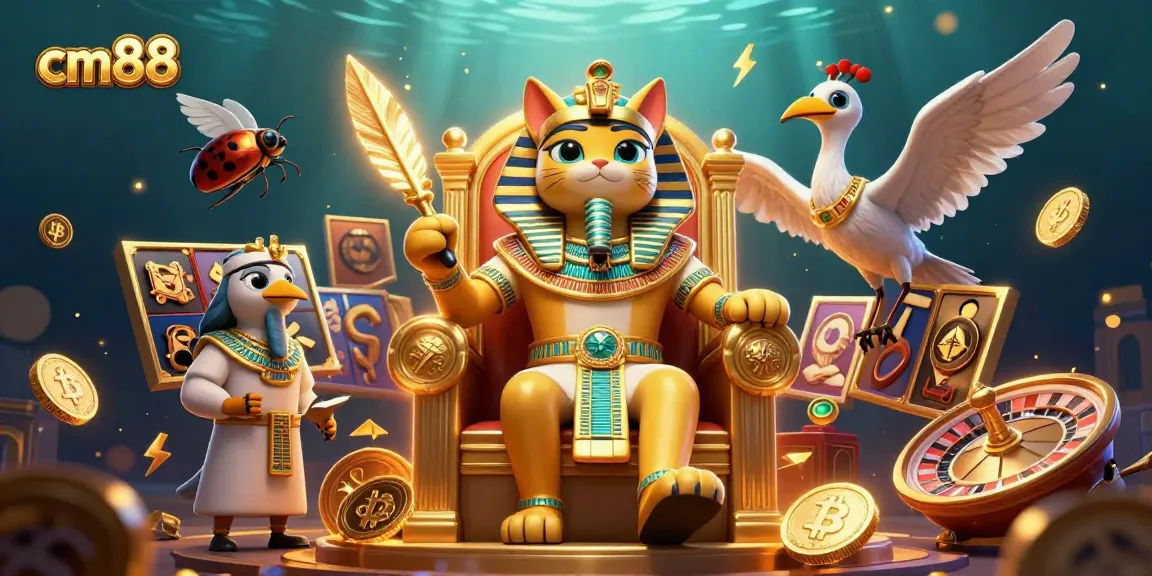 Experience thrilling gaming at cm88 with colorful slot reels and a majestic pharaoh backdrop.
