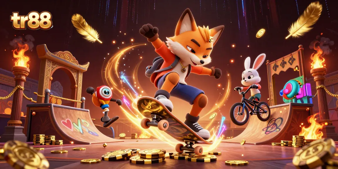 tr88 engaging casino action as a fox skater leaps over golden poker chips