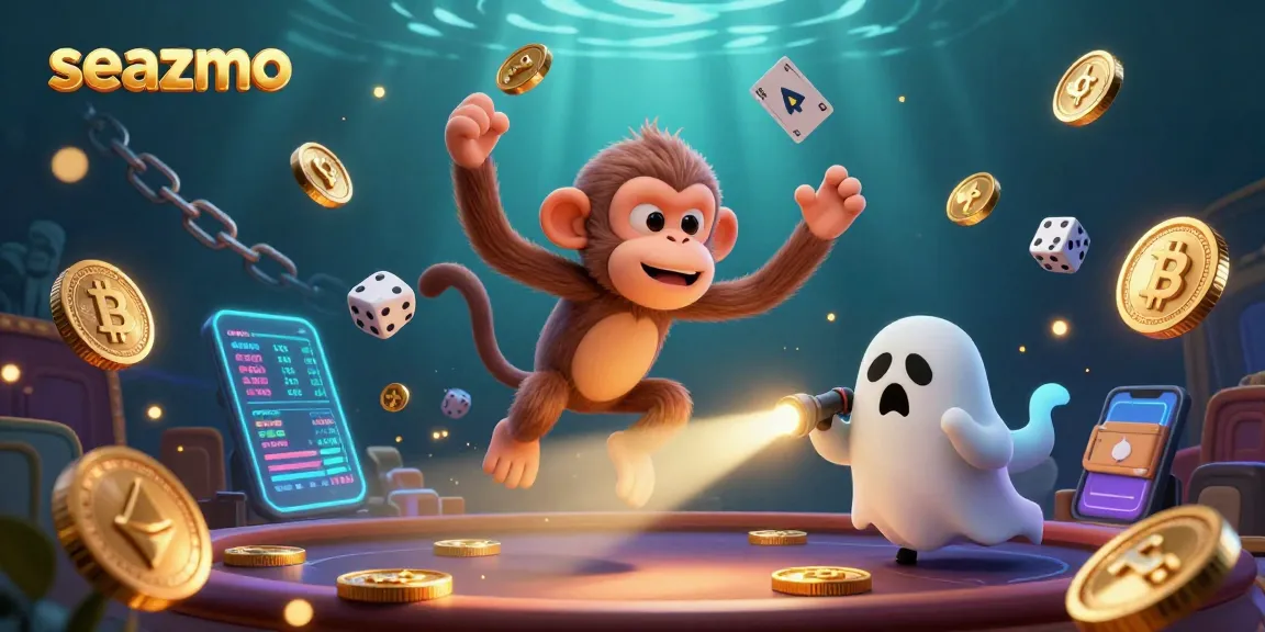 Seazmo showcases a playful casino scene with a ghost-hunter puppy tracking a mischievous monkey juggling golden casino elements.