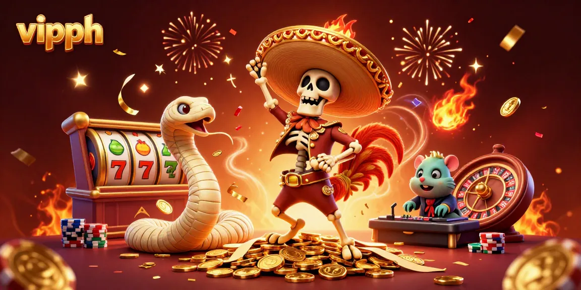 Experience exciting betting at vipph with vibrant 3D casino characters celebrating wins amid slot reels and confetti.