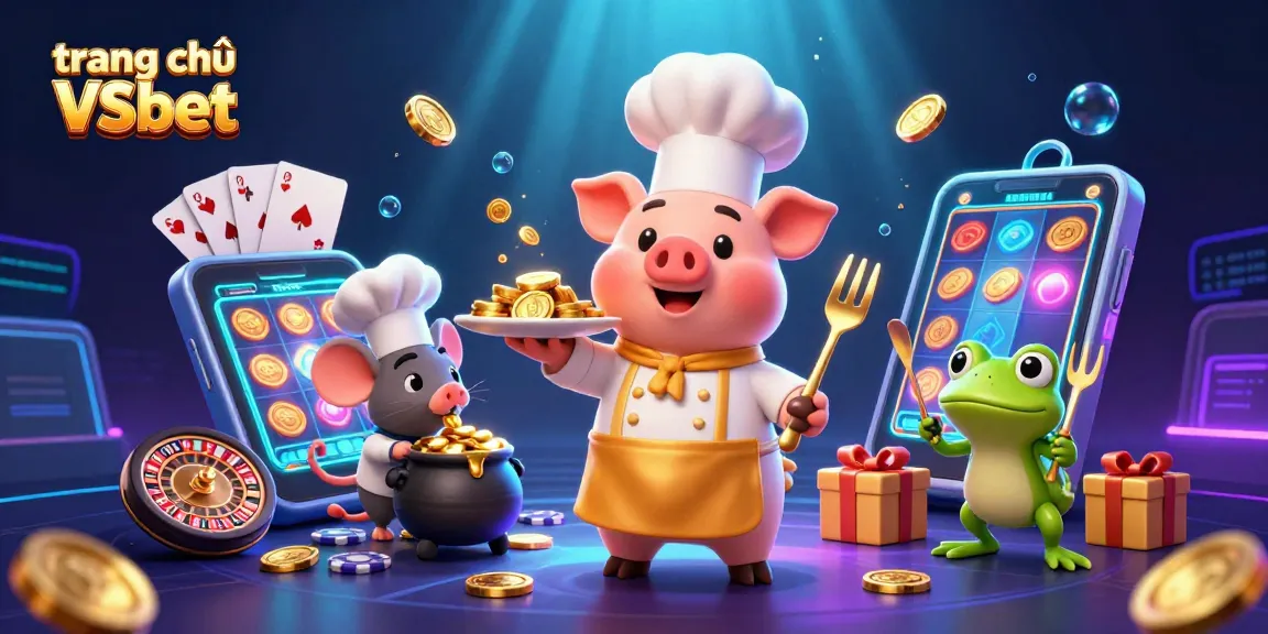 Experience thrilling action at trang chủ VSbet with a vibrant 3D illustration of a pig chef, mouse sous-chef, and frog critic.