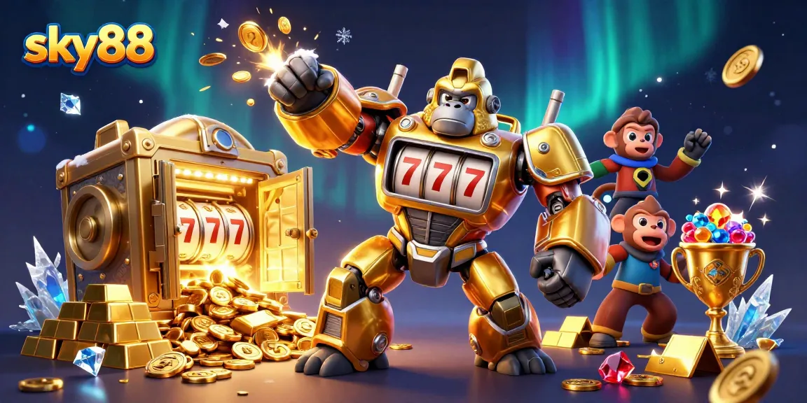 Experience the thrill of winning with sky88's dynamic 3D casino illustration featuring a golden mech and treasure!