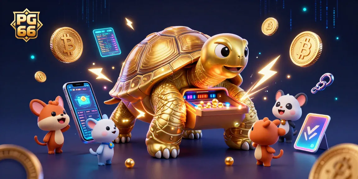 Experience dynamic gaming action at PG 66 with a colossal tortoise and crypto-rich background.